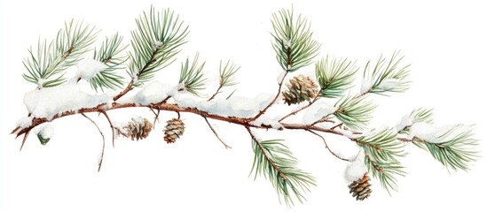Pine branch with fresh green needles and snowflakes showcasing a winter landscape scene with natural beauty and seasonal charm