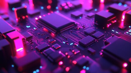 Obraz premium Close-up of a futuristic circuit board with glowing components.