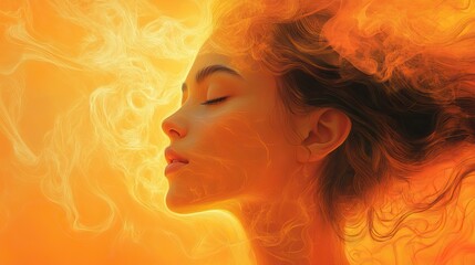 An illustration of a relaxed woman with smoke creates art with a yellow background, representing zen, peace, beauty, and serenity.