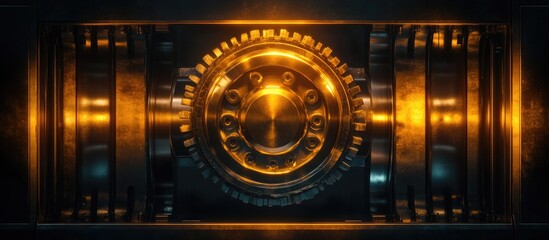 Milling machine processing gear component in a modern industrial setting with glowing elements and data overlay for manufacturing visualization