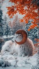 A majestic white ram rests in a snowy landscape, surrounded by vibrant autumn foliage.
