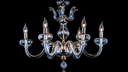 A vintage glass chandelier pendant hanging in isolation, reflecting light.