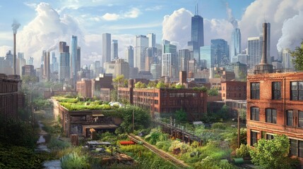 Obraz premium Urban farming amidst a city skyline, showcasing green rooftops and repurposed industrial spaces.