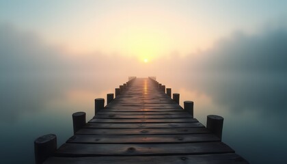 Fototapeta premium Serene Sunrise Misty Lake Wooden Dock Path to Hope