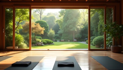 Fototapeta premium Serene Yoga Studio Garden View Peaceful Retreat Mindfulness Mats