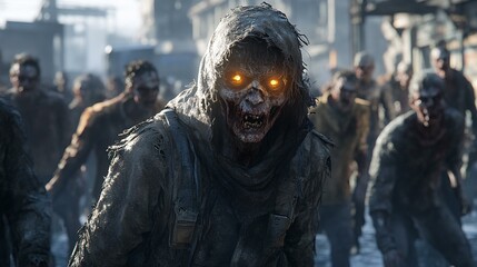 Obraz premium A group of people in a post-apocalyptic setting, with one individual visibly mid-transformation into a zombie, their eyes glowing and skin decaying while others look on in horror