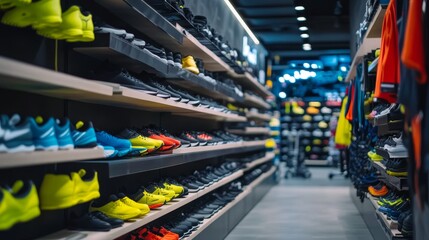 A vibrant display of athletic shoes in a retail store showcasing various styles and colors.