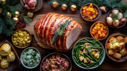 Fototapeta premium Glazed ham with side dishes, perfect for Christmas dinner. A festive holiday meal, ideal for family gatherings.