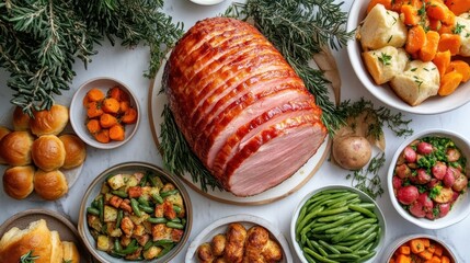 Glazed ham with assorted holiday side dishes, including green beans, potatoes, and rolls. Perfect for Thanksgiving or Christmas dinner, showcasing a festive feast.