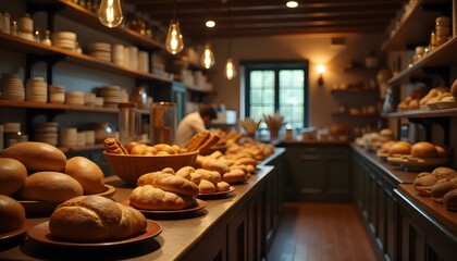 Delicious Bakery Breads Pastries Warm Lighting Wooden Shelves