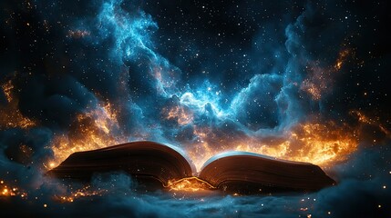 An open book reveals a magical space scene with stars, encouraging readers to delve into the world of fantasy and imagination.