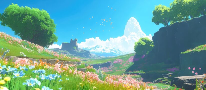 Vibrant landscape of blooming flowers under a bright blue sky with clouds and distant mountains in an idyllic serene setting