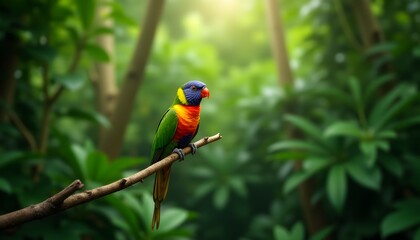 Naklejka premium Rainbow Lorikeet Bird on Branch Lush Green Tropical Forest Background