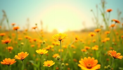 Sunny Meadow Vibrant Yellow Flowers at Sunset