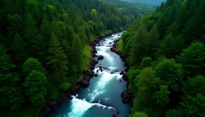 Fototapeta premium Lush Green Forest River Rapids Aerial View Nature Landscape