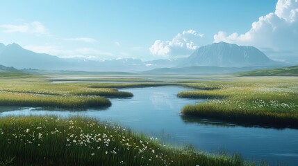 Obraz premium Serene Marshlands with River and Mountains under Clear Blue Sky in Lush Green Landscape