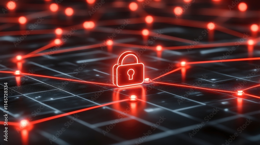 Poster a glowing red padlock icon at the center of a network of interconnected nodes visualized with red li