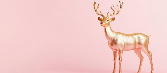 Fototapeta premium Golden reindeer figurine on soft pink background perfect for festive decor and holiday season themes