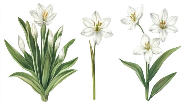 Ornithogalum pyramidale botanical illustration showcasing isolated flowers and plants with detailed greenery and floral characteristics