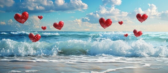 Newlywed greeting card design featuring floating hearts over a serene ocean landscape with gentle waves and a vibrant sky.