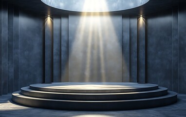 Dark circular stage with spotlight and columns.