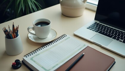 Cozy Workspace Coffee Laptop Notebook Pencils Planning