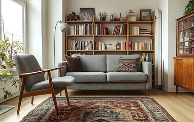 Cozy living room with grey sofa, armchair, bookshelves, and patterned rug.