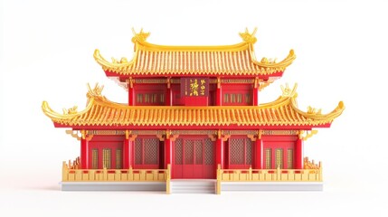 Naklejka premium Festive Chinese Temple 3D Model, Golden Roof, Red Walls