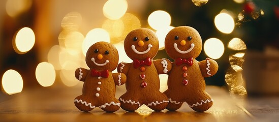 Fototapeta premium Cheerful family of gingerbread men in festive setting with Christmas lights creating a warm holiday atmosphere