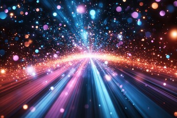 Fototapeta premium Abstract light streaks and glowing particles converge in a vibrant cosmic scene. Ideal for backgrounds, presentations, or projects needing a futuristic, magical feel.