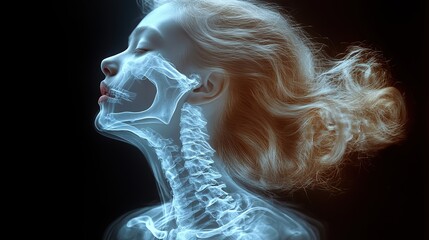 An x-ray reveals a neck and body of a girl, showcasing exam and study of vocal cords, trachea, cervical vertebrae, and skeleton anatomy for broken muscle assessment.
