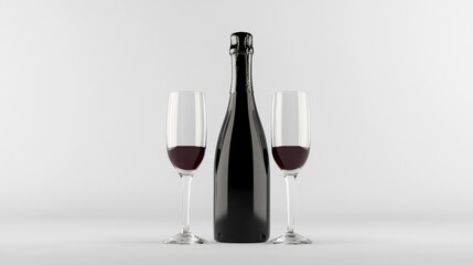 Elegant Champagne Bottle with Two Red Wine Glasses - Minimalist Design