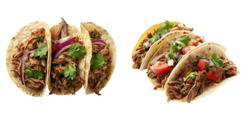 A mouth-watering arrangement of carnitas tacos filled with shredded meat, topped with fresh vegetables and herbs.