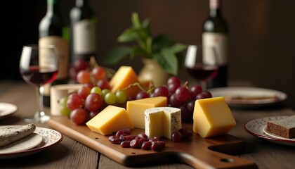 Gourmet Cheese Grapes Platter with Red Wine Wooden Board