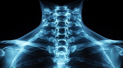 An x-ray reveals a neck and human body, showcasing healthcare and study of vocal cords, trachea, cervical vertebrae, and skeleton anatomy for broken muscle assessment.