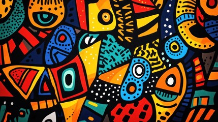Vibrant abstract art with geometric shapes, eyes, and organic forms in bold colors on a black background.