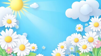 Bright sunny sky with fluffy clouds and vibrant daisies creating a cheerful atmosphere ideal for text overlay and nature-themed designs.