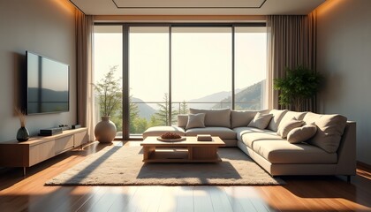 Fototapeta premium Modern Living Room Interior Design Mountain View Beige Sofa Cozy Home Decor