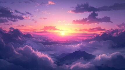 serene sunset view from mountain peak with vibrant colors and dramatic clouds in the sky creating a peaceful landscape atmosphere
