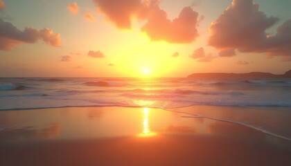 Obraz premium Golden Sunrise Ocean Beach Seascape Calm Waves Sky Sand