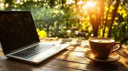Laptop and Coffee at Sunrise: Peaceful Outdoor Workspace