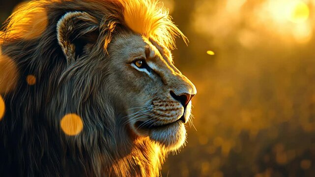 A majestic lion in profile, illuminated by warm sunlight, exuding strength and grace.