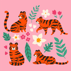 Set of four tigers, flowers and leaves. Vector graphics.