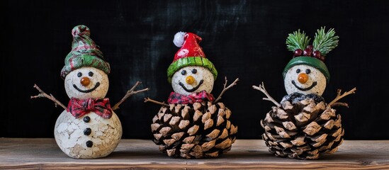 Creative Christmas snowmen decorated with cork stoppers and pine cones, showcasing festive holiday spirit and handcrafted charm.
