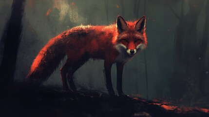 Red fox standing majestically in a misty forest showcasing its vibrant fur and wild essence in a captivating natural setting.
