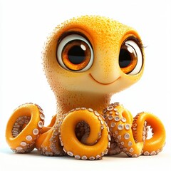 Adorable Cartoon Octopus Cute Baby Cephalopod Big Eyes Orange 3D Render Ocean Animal Sea Life