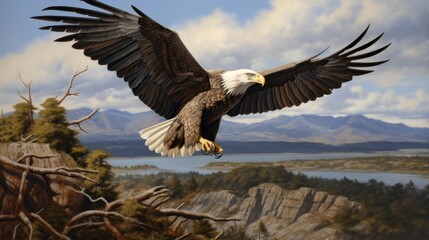 Majestic Bald Eagle in Flight Over Scenic Landscape with Mountains and Water in Background
