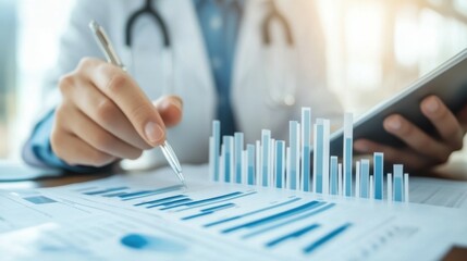 Healthcare business graph data and growth of investment, Doctor using tablet analyzing medical report, Virus pandemic develop attention healthcare and rising growth business hospital and insurance.