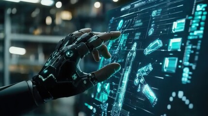 Fototapeta premium Industry 4.0, Ai, Smart industry factory, industrial revolution, Engineer use Ai interface record and control robotic automatic arms with monitoring Ai system software and Digital manufacturing
