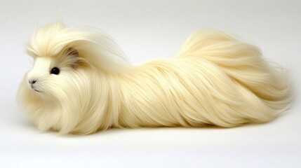 A long-haired, cream-colored guinea pig lying gracefully on a white background.